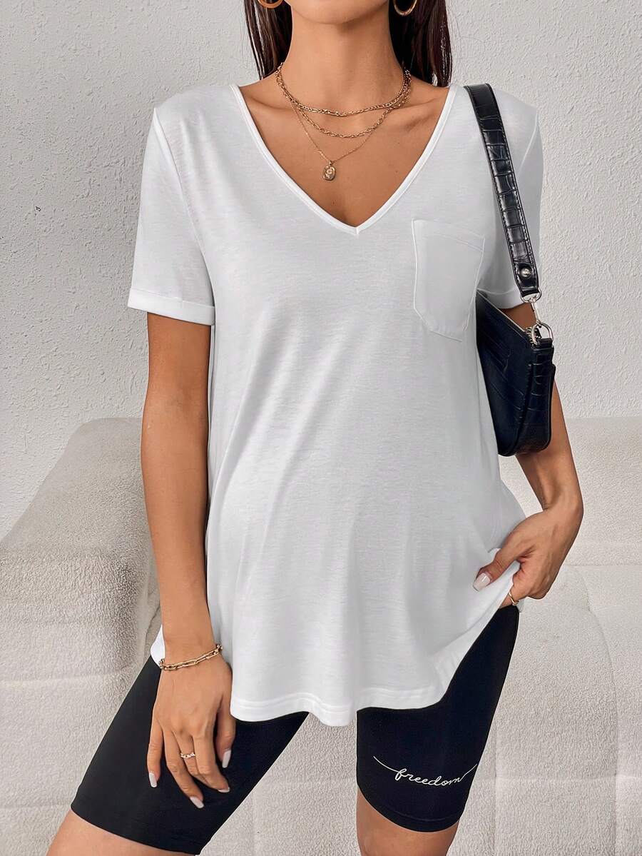 SHEIN Maternidad Camiseta unicolor de cuello V - Blanco - Ver 1