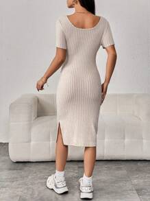 SHEIN Maternidad Vestido tejido de canalé con abertura - Beis - Ver 2