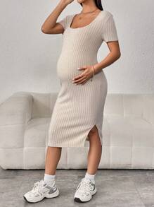 SHEIN Maternidad Vestido tejido de canalé con abertura - Beis - Ver 3