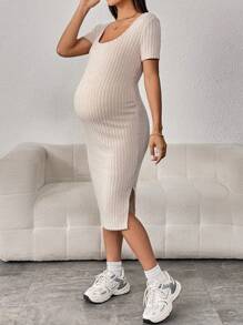 SHEIN Maternidad Vestido tejido de canalé con abertura - Beis - Ver 4