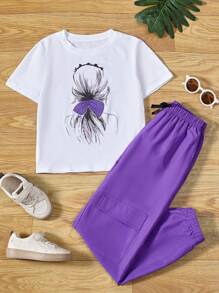 SHEIN 休閒口袋人像女童兩件套 - 彩色 - 查看 1