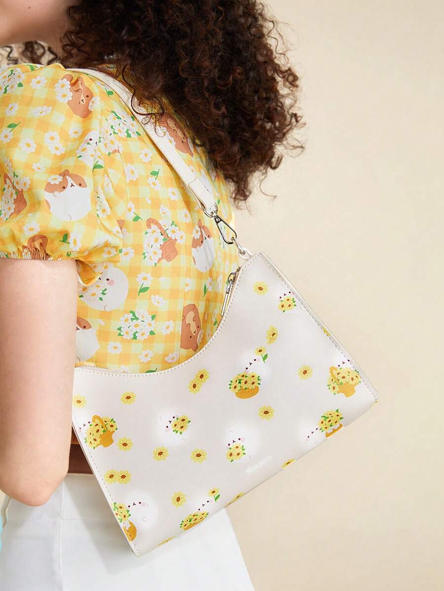 SHEIN X MOLANG Flower Decor Bag Medium Zipper - Yellow - View 1