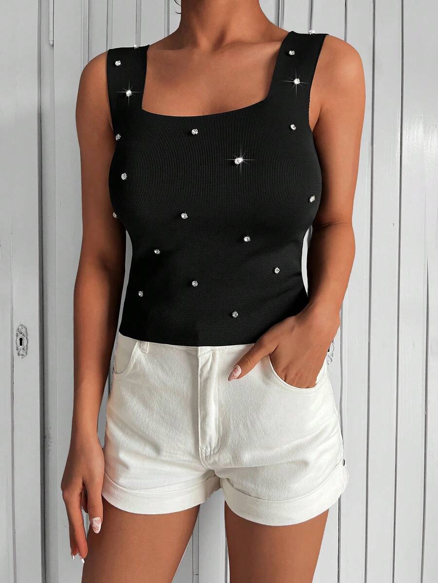 EURMUSE Rhinestone Detail Ribbed Knit Top - màu đen - Xem 1