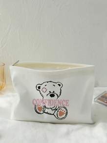 Cartoon Bear Double-sided Printed Corduroy Cosmetic Bag - Multicolor - View 1