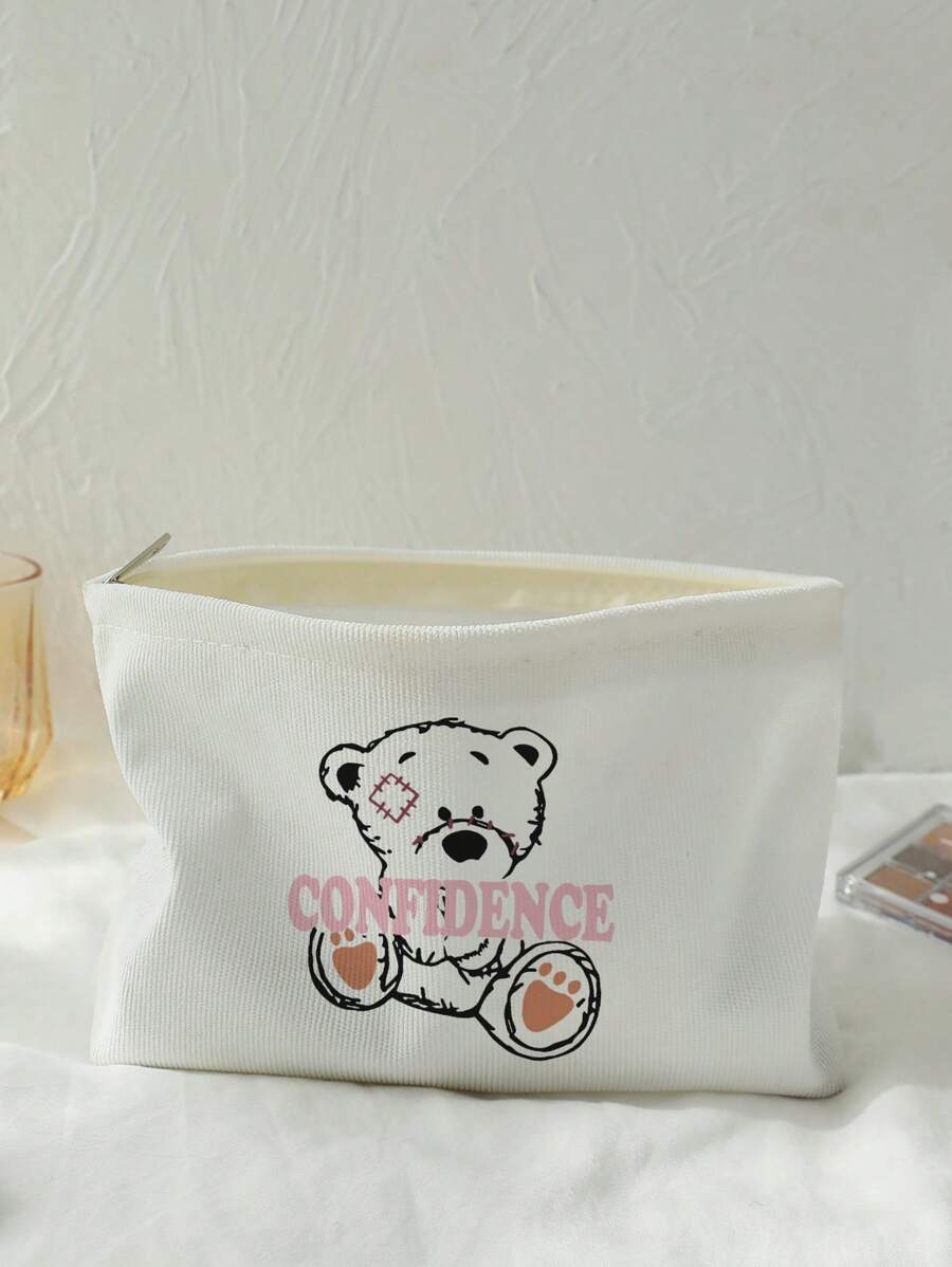 Cartoon Bear Double-sided Printed Corduroy Cosmetic Bag - Multicolor - View 1