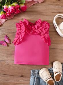 SHEIN 小女童荷葉邊後鎖孔背心上衣 - 玫紅色 - 查看 1