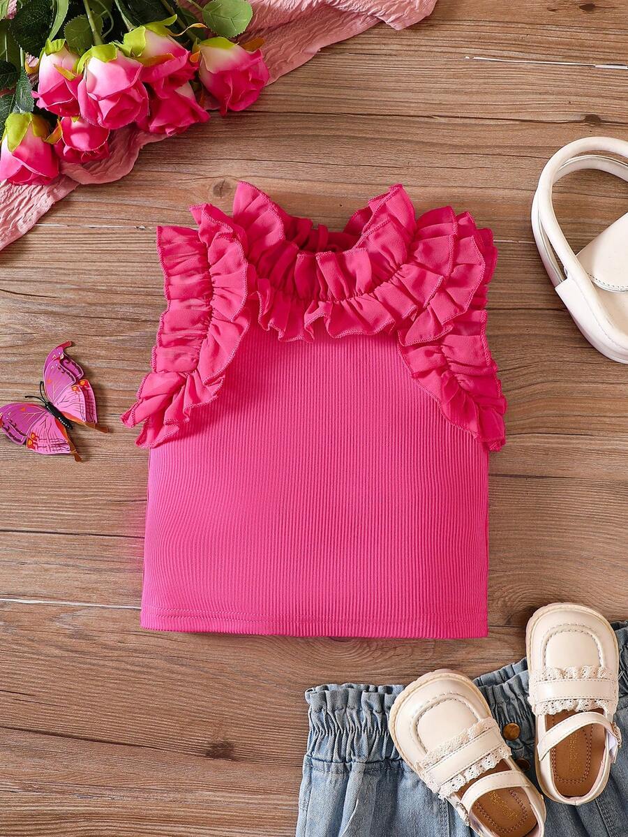 SHEIN 小女童荷葉邊後鎖孔背心上衣 - 玫紅色 - 查看 1
