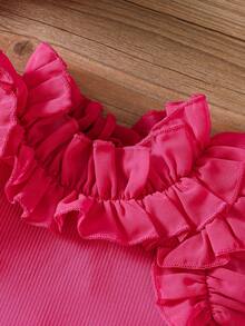 SHEIN 小女童荷葉邊後鎖孔背心上衣 - 玫紅色 - 查看 3