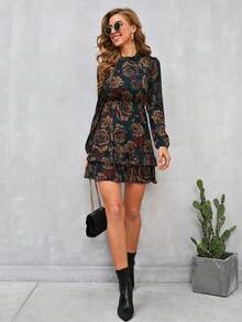 SHEIN Clasi 小高領燈籠袖荷葉邊下擺花卉洋裝 - 彩色 - 查看 5