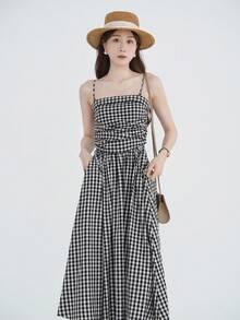 Vestido de tirantes con estampado de guingán fruncido - Blanco y Negro - Ver 4