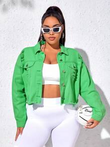 SHEIN EZwear Plus Ripped Raw Hem Denim Jacket - Green - View 1