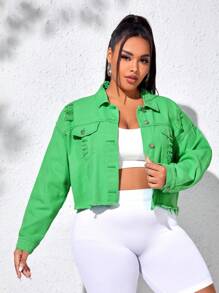 SHEIN EZwear Plus Ripped Raw Hem Denim Jacket - Green - View 3