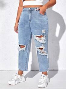 SHEIN ICON 大碼破洞媽媽牛仔褲 - 淺色水洗藍 - 查看 1
