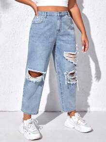 SHEIN ICON 大碼破洞媽媽牛仔褲 - 淺色水洗藍 - 查看 3