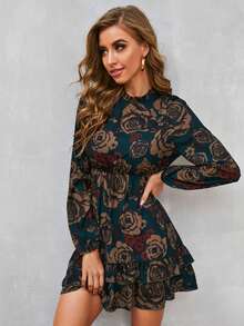 SHEIN Clasi 小高領燈籠袖荷葉邊下擺花卉洋裝 - 彩色 - 查看 4