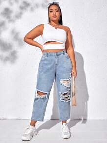 SHEIN ICON 大碼破洞媽媽牛仔褲 - 淺色水洗藍 - 查看 5