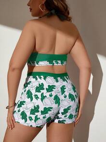 SHEIN Swim Curve 大尺碼花卉印花露背比基尼套裝，適用於夏日海灘 - 綠色 - 查看 2