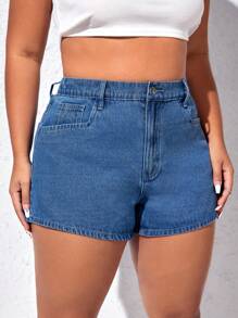 SHEIN EZwear Quần short denim oversized Nút Túi Dây kéo màu trơn - Rửa trung bình - Xem 1