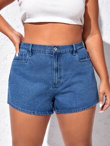 SHEIN EZwear Quần short denim oversized Nút Túi Dây kéo màu trơn - Rửa trung bình - Xem 4