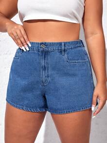 SHEIN EZwear Quần short denim oversized Nút Túi Dây kéo màu trơn - Rửa trung bình - Xem 5