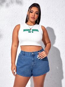 SHEIN EZwear Quần short denim oversized Nút Túi Dây kéo màu trơn - Rửa trung bình - Xem 6