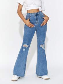 SHEIN EZwear Ripped Raw Hem Flare Leg Jeans - Medium Wash - View 1
