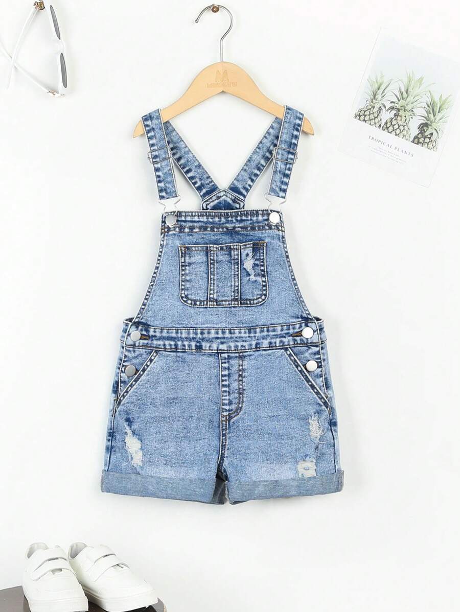 Short de peto vaquero desgastado para niñas preadolescentes, estilo callejero y casual para el verano y la escuela