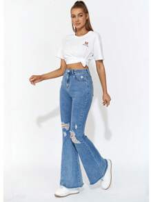 SHEIN EZwear Ripped Raw Hem Flare Leg Jeans - Medium Wash - View 4