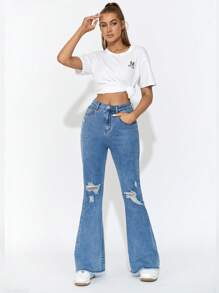 SHEIN EZwear Ripped Raw Hem Flare Leg Jeans - Medium Wash - View 5