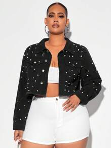 SHEIN SXY 大碼珍珠串珠毛邊短款牛仔夾克 - 黑色 - 查看 3