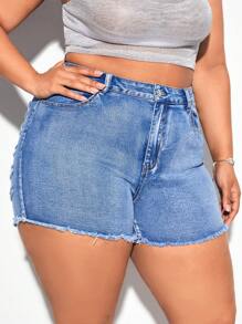 SHEIN SXY Quần short denim oversized Hem thô Bị tách Dây kéo màu trơn - Rửa nhẹ - Xem 4