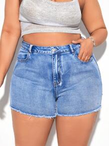 SHEIN SXY Quần short denim oversized Hem thô Bị tách Dây kéo màu trơn - Rửa nhẹ - Xem 2