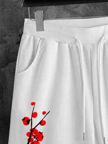 Manfinity Hypemode 男士花卉圖案和漢字圖案腰部抽繩短褲 - 白色 - 查看 4