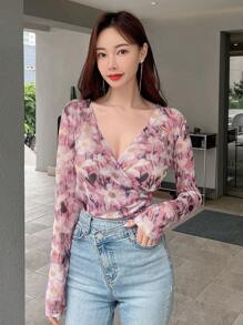 DAZY Blusa de malla con cuello cruzado y estampado floral todo sobre, blusas de salida de manga larga transparente para mujer, Pascua - Multicolor - Ver 3