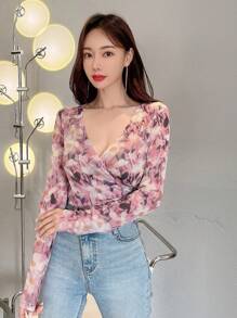 DAZY Blusa de malla con cuello cruzado y estampado floral todo sobre, blusas de salida de manga larga transparente para mujer, Pascua - Multicolor - Ver 4