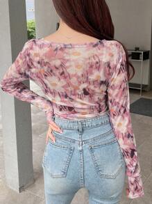DAZY Blusa de malla con cuello cruzado y estampado floral todo sobre, blusas de salida de manga larga transparente para mujer, Pascua - Multicolor - Ver 5