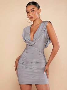 SHEIN X Antonella SHEIN BAE 垂領褶邊緊身洋裝 - 淺灰色 - 查看 5