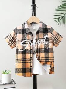 SHEIN 小男童格紋和字母圖案襯衫不帶T恤
