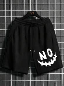 Manfinity LEGND Hombres Shorts con estampado de dibujos animados de cintura con cordón - Negro - Ver 1