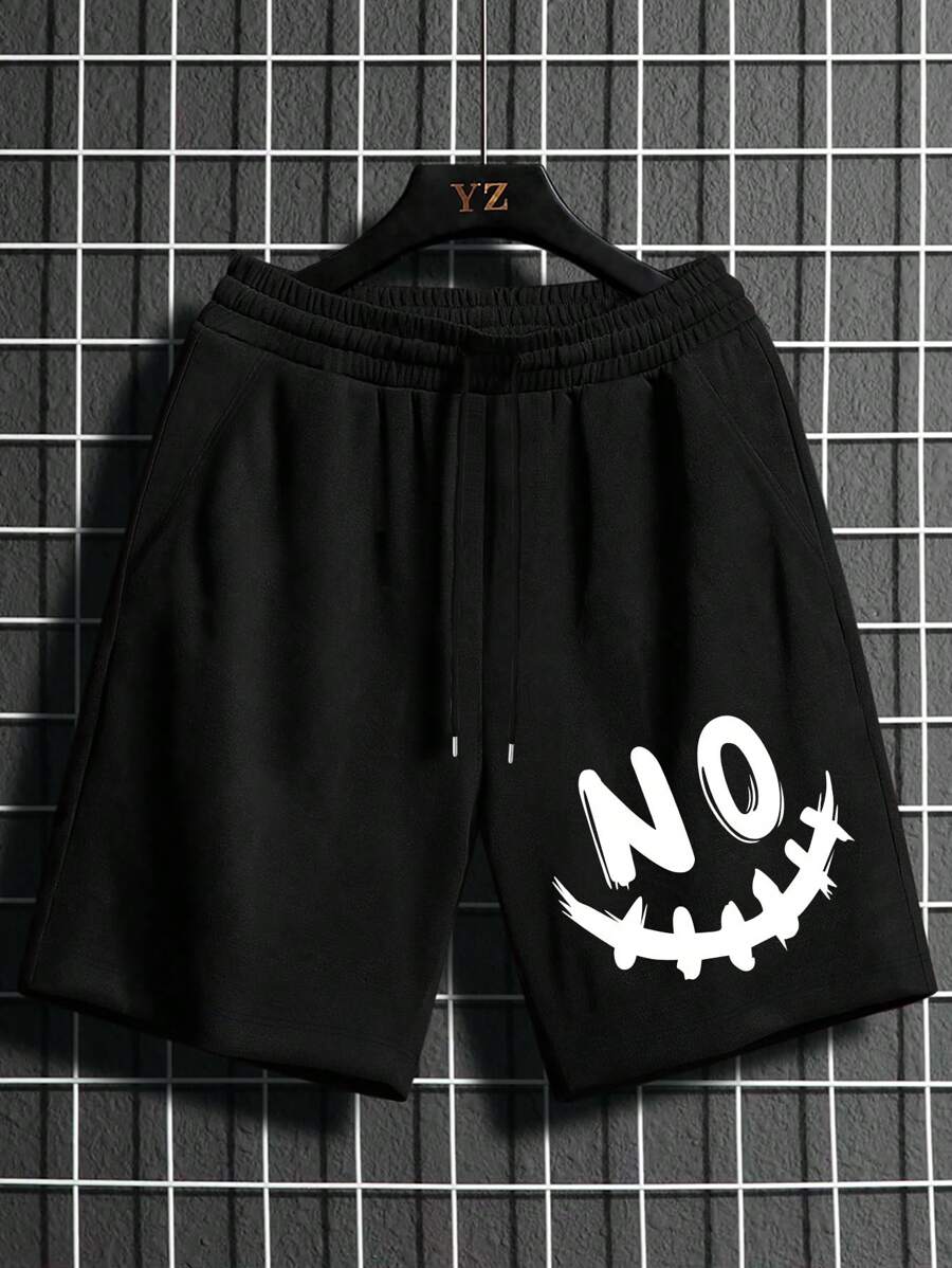 Manfinity LEGND Hombres Shorts con estampado de dibujos animados de cintura con cordón - Negro - Ver 1