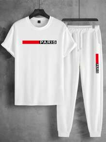 Manfinity Homme 男士字母圖案T恤和腰部抽繩衛褲 - 白色 - 查看 3