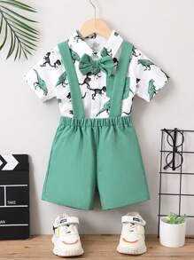 SHEIN Chàng trai trẻ In Khủng long Nơ mặt trước Áo sơ mi & Quần yếm Bộ - Nhiều màu - Xem 1