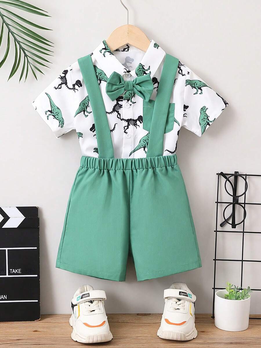 SHEIN Chàng trai trẻ In Khủng long Nơ mặt trước Áo sơ mi & Quần yếm Bộ - Nhiều màu - Xem 1