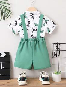 SHEIN Chàng trai trẻ In Khủng long Nơ mặt trước Áo sơ mi & Quần yếm Bộ - Nhiều màu - Xem 2