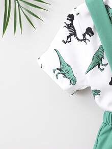 SHEIN Chàng trai trẻ In Khủng long Nơ mặt trước Áo sơ mi & Quần yếm Bộ - Nhiều màu - Xem 4