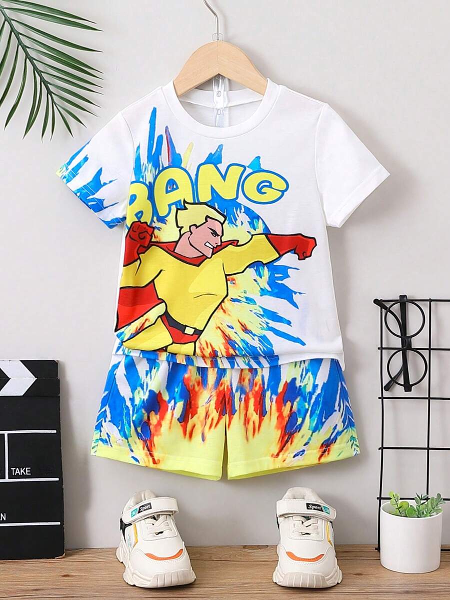 SHEIN 小男童卡通和字母圖案T恤和短褲