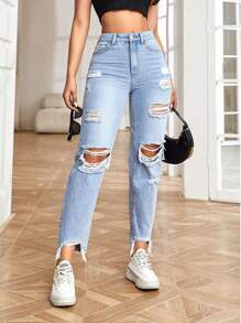 SHEIN EZwear High Waist Ripped Raw Hem Mom Fit Jeans