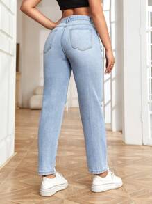SHEIN EZwear High Waist Ripped Raw Hem Mom Fit Jeans