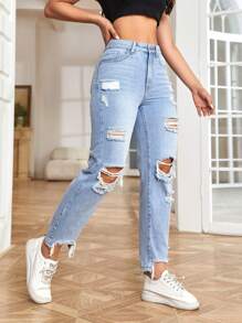SHEIN EZwear High Waist Ripped Raw Hem Mom Fit Jeans