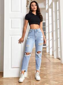 SHEIN EZwear High Waist Ripped Raw Hem Mom Fit Jeans
